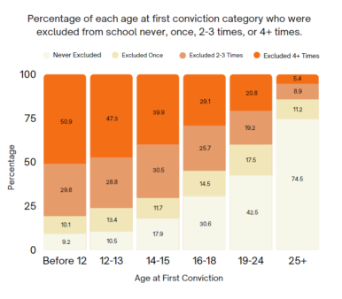 A diagram showing school exclusion data compared to age at first conviction