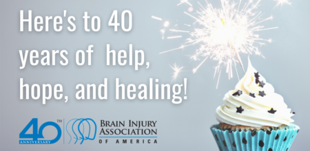 Here's to 40 years of help hope and healing. BIAA 40th anniversary graphic with blue cupcake.