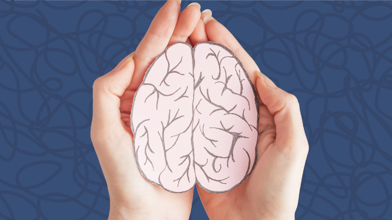 A pair of hands holding an illustration of a brain