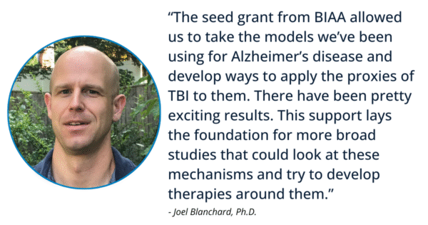 quote that says “The seed grant from BIAA allowed us to take the models we’ve been using for Alzheimer’s disease and develop ways to apply the proxies of TBI to them. There have been pretty exciting results. This support lays the foundation for more broad studies that could look at these mechanisms and try to develop therapies around them.” – Joel Blanchard, PhD